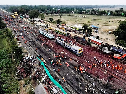 A drone shot of the restoration work at the site of Friday's triple train accident near Bahanaga Bazar railway station. (Photo | PTI)