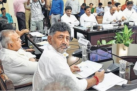 Deputy Chief Minister DK Shivakumar at a meeting with Bengaluru MPs, ministers, MLAs, MLCs and officials at Vidhana Soudha on Monday | Express