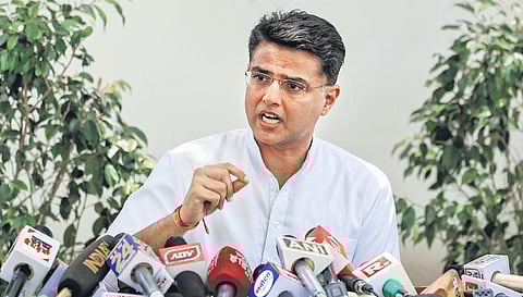 FILE - Congress leader and former Rajasthan Deputy Chief Minister Sachin Pilot addresses a press conference in Jaipur. (Photo | PTI)