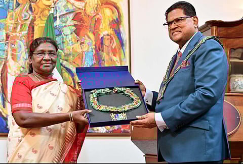 President Droupadi Murmu has been conferred with Suriname's highest civilian award by President Chandrikapersad Santokhi. (Photo | Twitter)