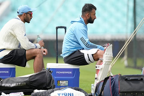 India's Cheteshwar Pujara (R) during a training session at The Oval cricket ground in London on Monday (Photo | Express)