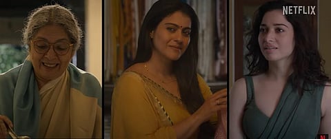 A YouTube screengrab from the teaser of 'Lust Stories 2' starring Neena Gupta, Kajol, and Tamannaah.