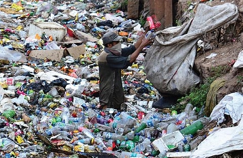 FILE - A ragpicker collecting plastic bottles from a drain. (Photo| EPS)