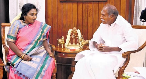 Puducherry Chief Minister N Rangasamy calling on Lieutenant Governor Tamilisai Soundararajan at Raj Nivas on Tuesday | Express