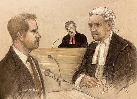 Prince Harry being cross-examined by Andrew Green KC, as he gives evidence on June 6, 2023 during the phone hacking trial against Mirror Group. (AP Illustration)