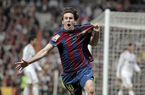 FILE - Lionel Messi celebrates his goal against Real Madrid during a Spanish La Liga soccer match at the Santiago Bernabeu Stadium in Madrid on April, 10, 2010. (Photo | AP)