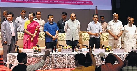 Delhi L-G VK Saxena, CM Arvind Kejriwal, Education minister Atishi and BJP MP Gautam Gambhir at the inauguration of the new campus on Thursday | Shekhar Yadav