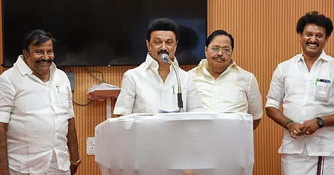 CM Stalin addressing media persons, after inspectection on desilting works completed in Tiruchy and Thanjavur on Friday (Photo | EPS/ M K Ashok Kumar)