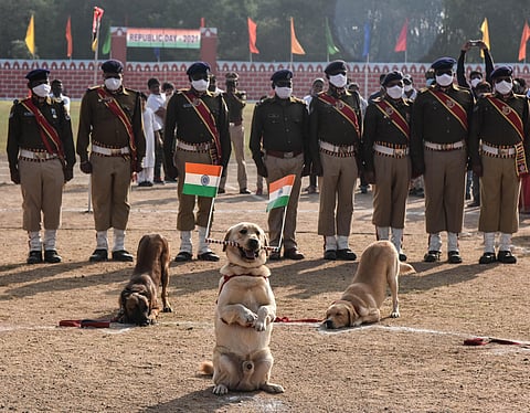In this 2021 image used for representational purpose, Indian Railway Protection Force dog squad displays skills during Republic Day celebrations at RRC grounds in Secunderabad. (Photo | Vinay Madapu)
