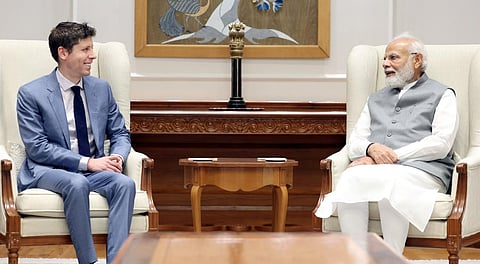 Sam Altman meets Prime Minister Narendra Modi in New Delhi to discuss the various aspects of AI in India (Photo | Twitter)