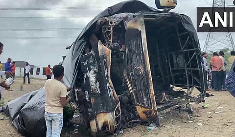 A completely gutted bus from the Maharashtra accident. ( Photo | ANI)