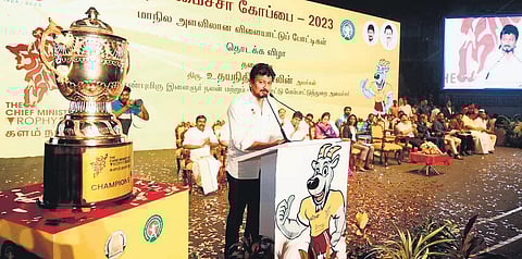 Udhayanidhi Stalin, Minister for Youth Welfare and Sports Development, speaking at the inauguration event on Friday at the Jawaharlal Nehru Stadium.