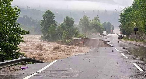 Manali-Chandigarh highway washed away due to flooded Beas River following heavy monsoon rains. (Photo |PTI)