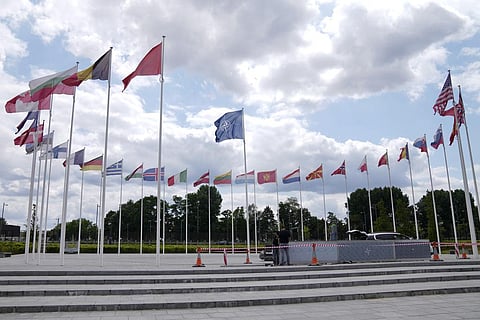 Flags at NATO headquarters in Brussels, Thursday, July 6, 2023. (Photo | AP)