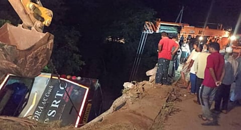 Seven persons, including a seven-year-old, were killed after the vehicle in which they were traveling fell into a canal from a bridge near Darsi in Prakasam district. (Photo | Express)