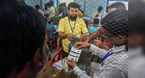 Counting of votes for the West Bengal panchayat polls underway, at a centre in Murshidabad district, Tuesday, July 11, 2023. (Photo | PTI)