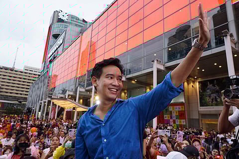 FILE - Move Forward Party leader and prime ministerial candidate Pita Limjaroenrat waves to his supporters during a rally in front of Central World in Bangkok on July 9, 2023. (Photo | AFP)