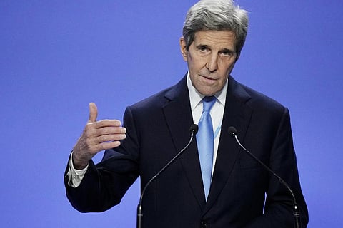 FILE - John Kerry, US Special Presidential Envoy for Climate, speaks at the COP26 UN Climate Summit in Glasgow, Scotland, on Nov. 10, 2021. (Photo | AP)