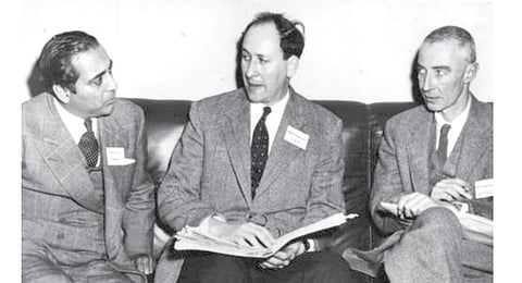 (From left) Homi J Bhabha, Robert Marshak and J Robert Oppenheimer.