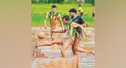 The mud football tournament organised at Kodur. (Photo | Express)