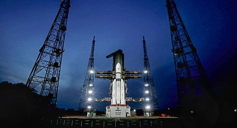 The Launch Vehicle Mark-III (LVM3) M4 vehicle with Chandrayaan-3 at the launch pad at Satish Dhawan Space Centre in Sriharikota. (Photo | PTI)