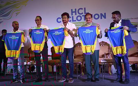 Udhayanidhi Stalin (centre), Minister for Youth Welfare and Sports Development of Tamil Nadu at the HCL Cyclothan launching event on Wednesday | Ashwin Prasath