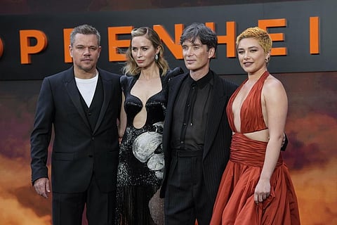 Matt Damon, from left, Emily Blunt, Cillian Murphy and Florence Pugh pose for photographers upon arrival at the premiere of the film 'Oppenheimer' on July 13, 2023 in London. (AP)