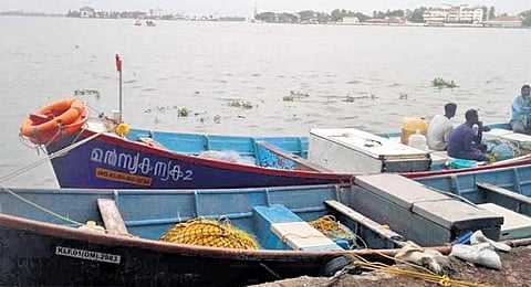 Fibre boats impounded by Vypeen fisheries station for violating fishing norms on Thursday. (Photo | Express)