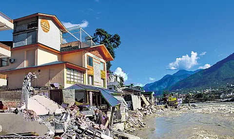 Damaged buildings following flash floods triggered by a cloudburst, in Kullu, Himachal Pradesh on Thursday | pti