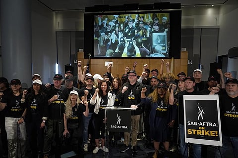 SAG-AFTRA members during the press conference announcing a strike by The Screen Actors Guild-American Federation of Television and Radio Artists. (Photo | AP)