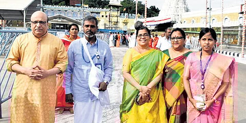 Ahead of the launch of Chandrayaan-3, a team of ISRO scientists offered prayers at Srivari temple in Tirupati on Thursday. (Photo | express)