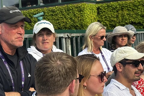 Lynn Nabors McNally, second left, the mother and coach of Caty McNally, watches as her daughter and Ashlyn Krueger of the US play at Wimbledon, July 8, 2023. (Photo | AP)