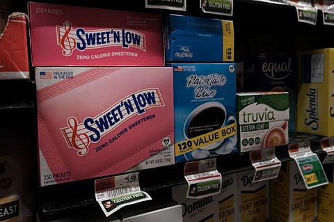 Products presumed to be containing the artificial sweetener Aspartame are displayed on a store shelf on July 14, 2023. (Photo | AFP)