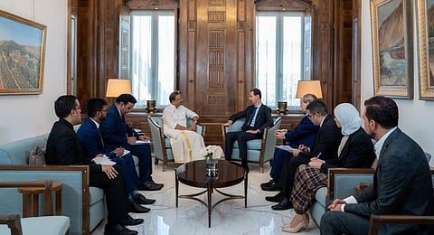 MoS MEA V Muraleedharan meets Syrian President Bashar al-Assad in Damascus, on July 13, 2023. (Photo | Twitter@MEA)