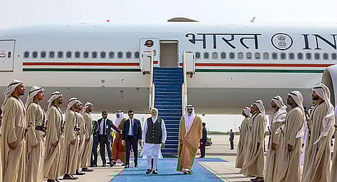 Prime Minister Narendra Modi arrives on a day-long visit to the UAE, in Abu Dhabi, Saturday, July 15, 2023. (Photo | PTI)