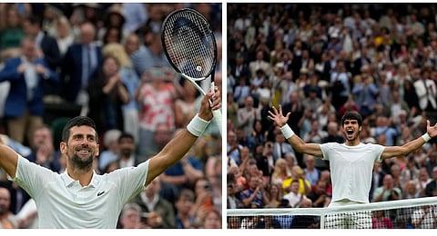 Carlos Alcaraz and Novak Djokovic set up a potentially era-defining Wimbledon title showdown after cruising through their semi-finals on Friday. (Photo | PTI)