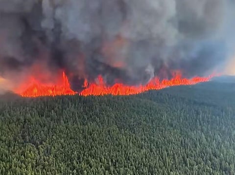 This handout image shows an aerial view of the West Kiskatinaw River wildfire located 10 kms east of Tumbler Ridge, Canada. (Photo | AFP)
