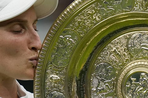 Vondrousova seen celebrating her maiden Wimbledon title. (AP Image)