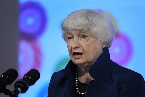 U.S. Treasury Secretary Janet Yellen addresses a press conference in Gandhinagar. (Photo | AP)
