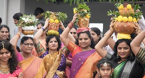 MLC K Kavitha takes part in Bonalu festivities in Australia on Saturday. (Photo | Express)