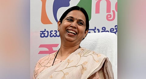 Women and Child Welfare Minister Laxmi Hebbalkar addresses a press conference at Vidhana Soudha in Bengaluru. (Photo | Shashidhar Byrappa, EPS) 