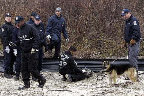 Law enforcement and emergency personnel examine an object on the side of the road, center, near Jones Beach on April 11, 2011, in Wantagh, N.Y. A Long Island. (Photo|AP)
