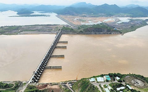 Nearly one lakh cusecs of water flowing in Godavari at Polavaram project. (Photo | Express)