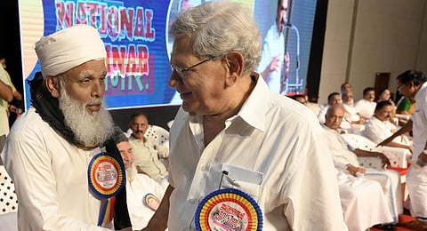 CPM general secretary Sitaram Yechury with Samastha Kerala Jam-Iyyathul Ulema secretary Umar Faizy Mukkom at UCC seminar in Kozhikode. (Photo | E Gokul)