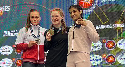 India's Sangeeta Phogat (R) poses after winning the bronze medal at the Budapest Ranking Series 2023 tournament, in Budapest, Hungary, Saturday, July 15, 2023. (Photo | PTI)