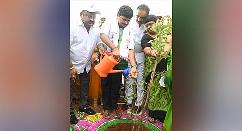 MP J Santhosh Kumar plants a sapling near the Lower Manair Dam in Karimnagar on Saturday.