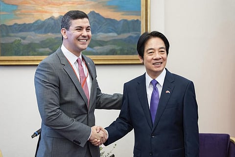 Paraguay's president-elect Santiago Pena, left, shakes hands with Taiwan's Vice President in William Lai in Taipei, Taiwan, Wednesday, July 12, 2023. (Photo | AP)
