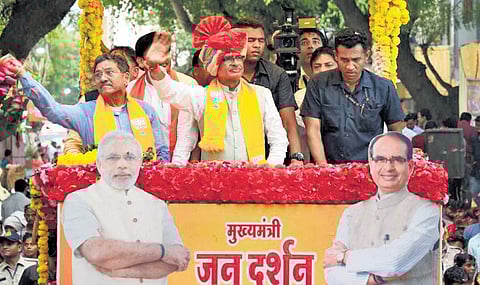 CM Shivraj Singh Chouhan on a roadshow in Barwani town on Sunday | express