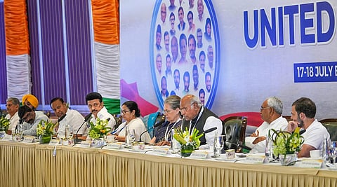 Leaders of Opposition parties at their meeting in Bengaluru. (Photo | PTI)