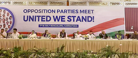 Leaders of Opposition parties at their meeting in Bengaluru. (Photo | PTI)